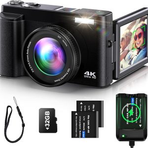 4K Digital Camera for Photography and Video, Autofocus Anti-Shake 48MP Vlogging Camera for YouTube, 3'' 180°Flip Screen Camera with Flash 16X Zoom, Digital Camera with 32GB Card Battery Charger Black